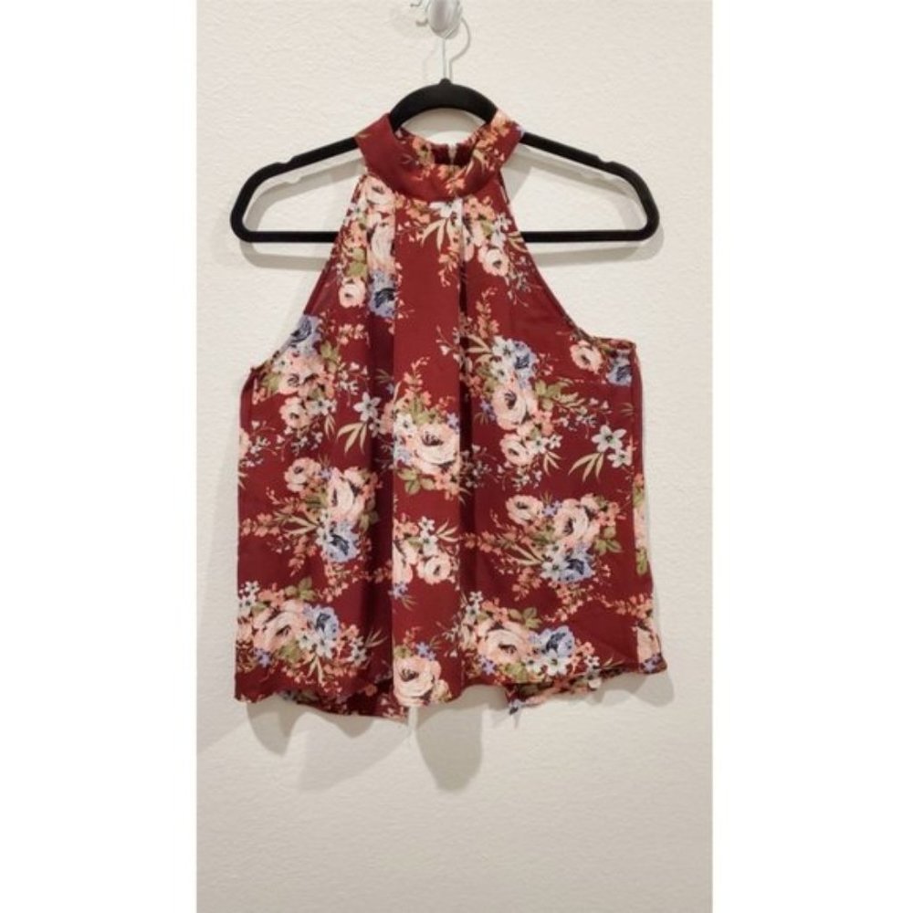 BLUE RAIN Burgundy Floral Halter Boho Top